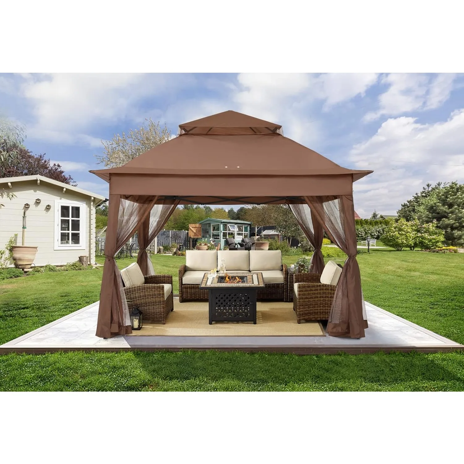 11x11Ft Easy Pop Up Gazebo Tent Instant Outdoor Canopy Shelter with Mosquito Netting Walls(Brown)