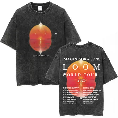 Imagine Dragons Band Loom World Tour 2025 Vintage camiseta lavada hombres mujeres ropa moda Hip Hop camiseta algodón camisetas sueltas