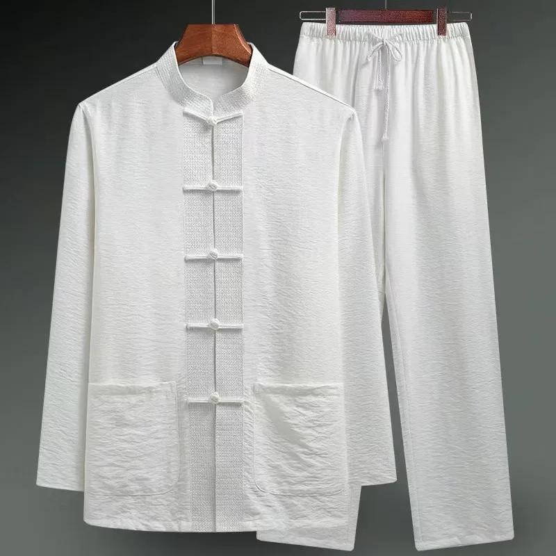 

Men's Long Sve Ice Silk Cotton Casual irt Thin Sle Tang Suit for Middle-Aged And ly Spring Summer Wear