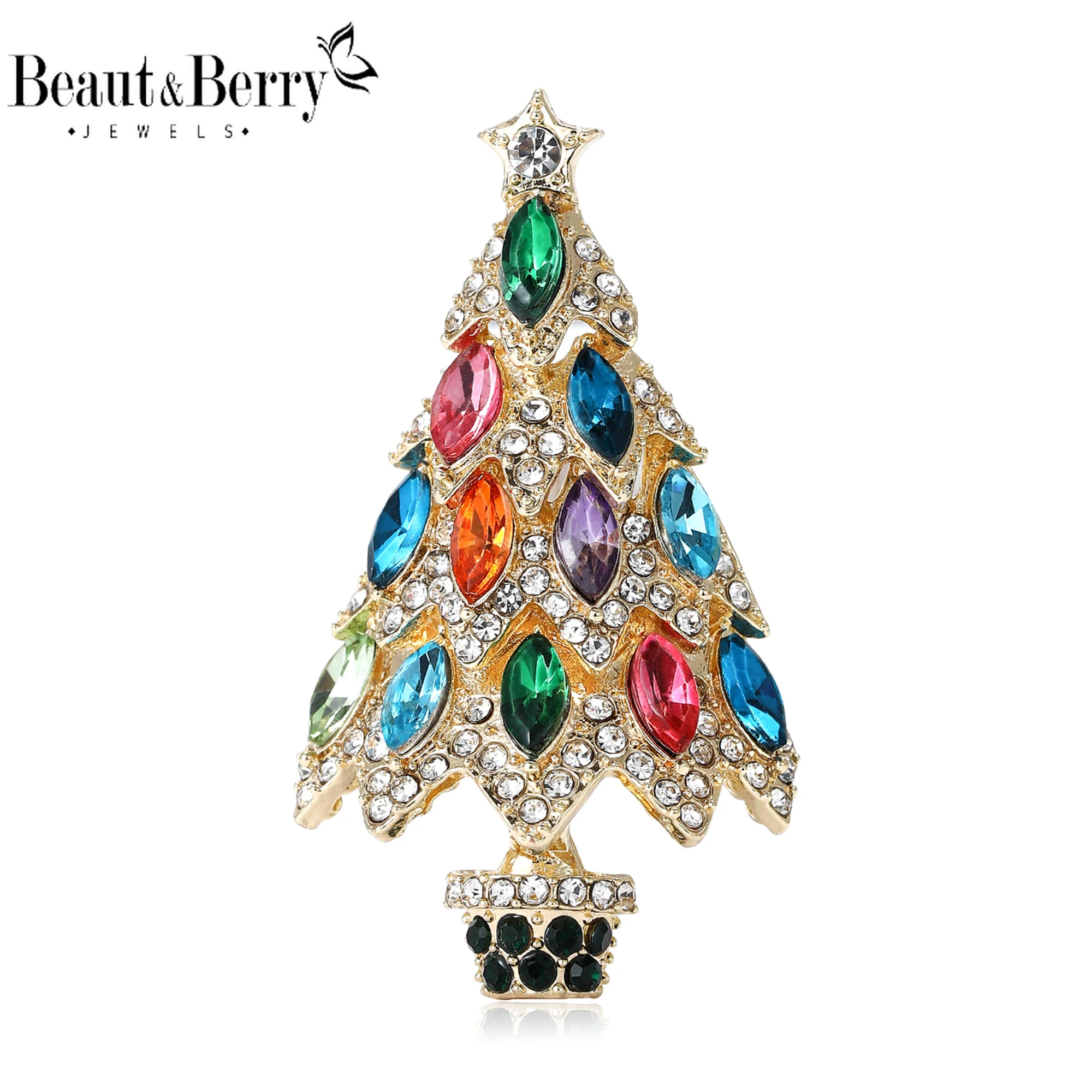 Beaut&Berry Sparkling Rhinestone Christmas Tree Brooches for Women Plant Pins Friends Party Gifts Banquet Jewellery Accessories