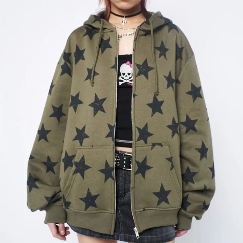 Woman Clothing E-girl Dark Academia Grunge Zip Up Sweatshirts Punk Style Gothic Star Print Hooded Shirt Autumn Coat Top Y2K Emo