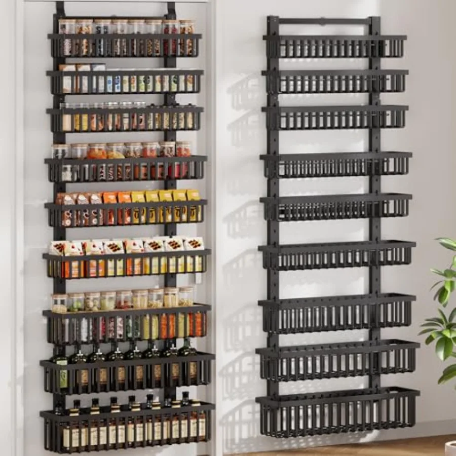 

9 Tier Over The Door Pantry Organizer, 2 in 1 Wall Mount or Hanging Spice Rack with Adjustable Deep Basket, Heavy-Duty Seasonin