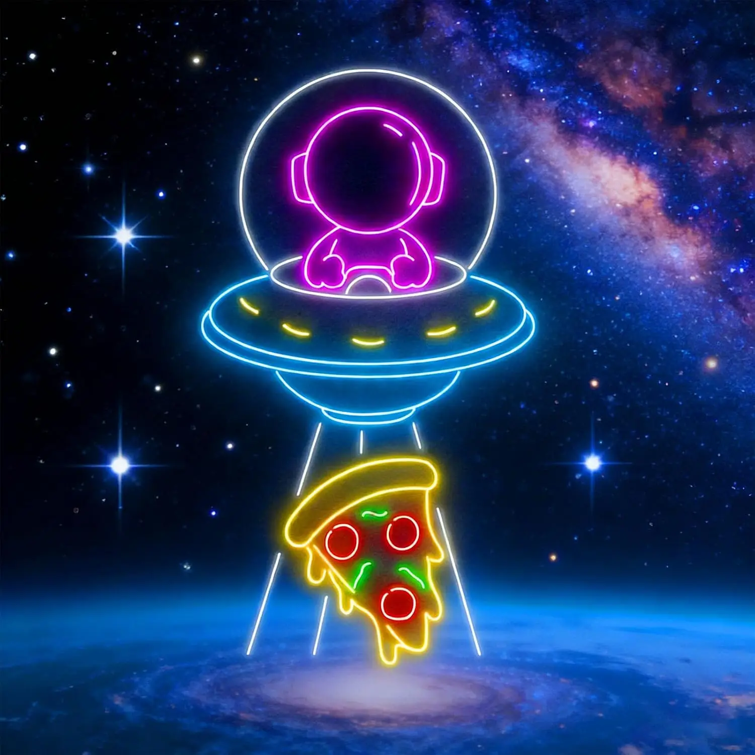 UFO Astronaut Pizza LED Neon Sign USB Neon Light, Christmas Bedroom Wall Decor Lamp, Space Theme Kids Room Party Decoration Gift