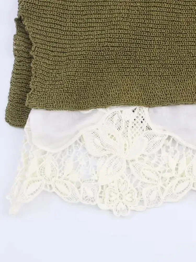 HH Frauen Herbst Fashion Solid Crew-Neck Nähte Kurzarm Gestrickte Top Weibliche Elegante Spitze Verziert Casual Top Mujer