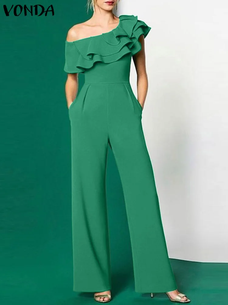 Plus Size 5XL VONDA Elegant Office Jumpsuits Women Long Rompers 2024 Summer Casual Solid Color Ruffled Off Shoulder Overalls