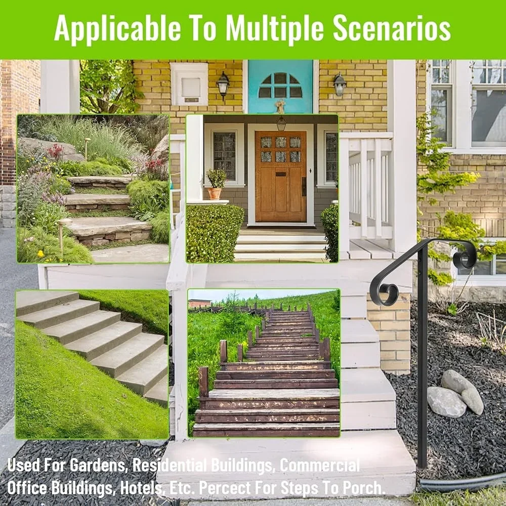 Wrought Iron Single Post Handrail Step Support Durable Ornamental Railing Easy Install Grab Bar Stairs Garden Porch