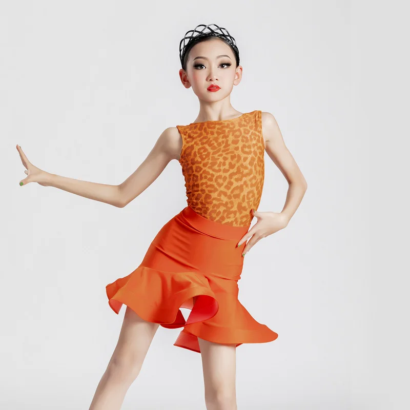 

Latin Dance Performance Cosutme Girls ChaCha Practice Wear Orange Leopard Tops Orange Skirt Rumba Dancing Clothes Set YS3098