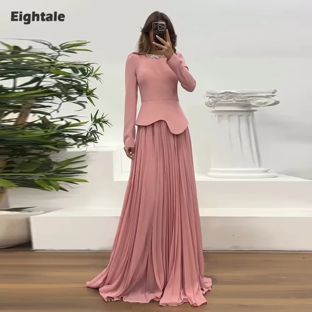 

Eightale Arabic Evening Dress for Wedding Party Beaded Long Sleeve Floor Length Muslim A-Line Pink Customized Prom Gown