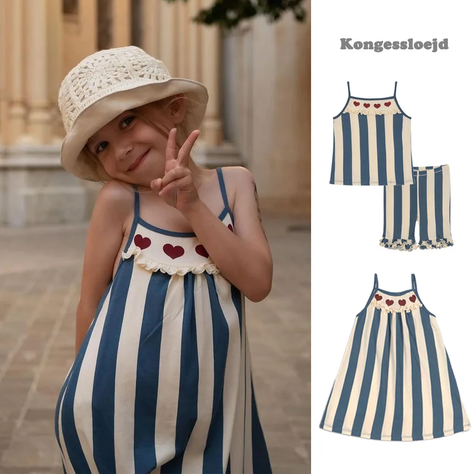 

Girls Clothes Set 2024 Summer New Blue Stripe Dress Cotton Cute Heart T-shits Vest Shorts Tops Set Kids Slip Soft Dresses