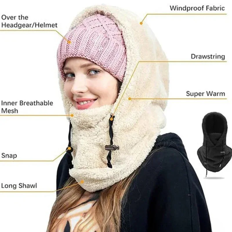 Winter Cycling Balaclava Hat for Women Men Plush Thicken Beanies Neck Scarf Mask Outdoor Sports Adjustbale Windproof Warm Bonnet