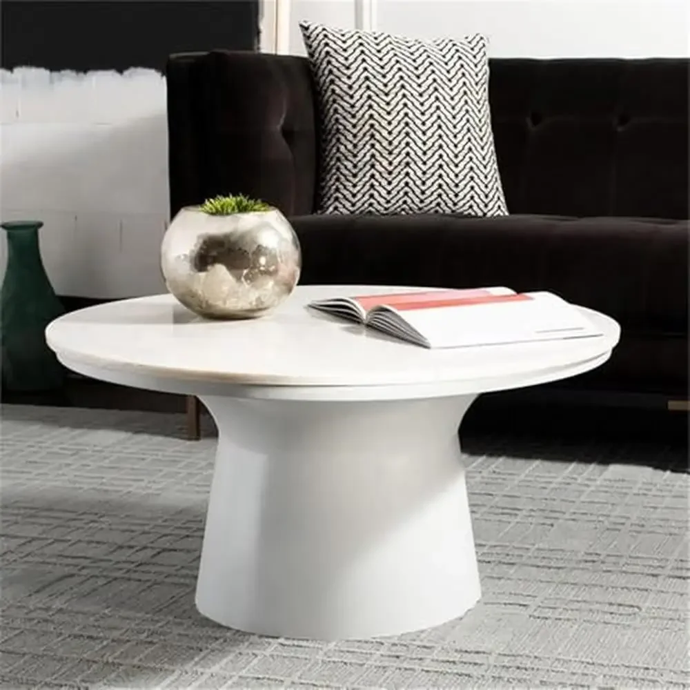 Mila Marble Pedestal Coffee Table Metal Crafted Living Room Bedroom Den Library Study White Finish Round Shape Quality 100lbs