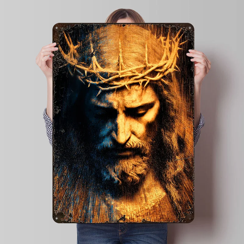 Abstract Jesus Christ With Crown of Thorns Metal Poster Custom Wall Art Retro Vintage Tinplate Signs for Man Cave Bathroom Decor