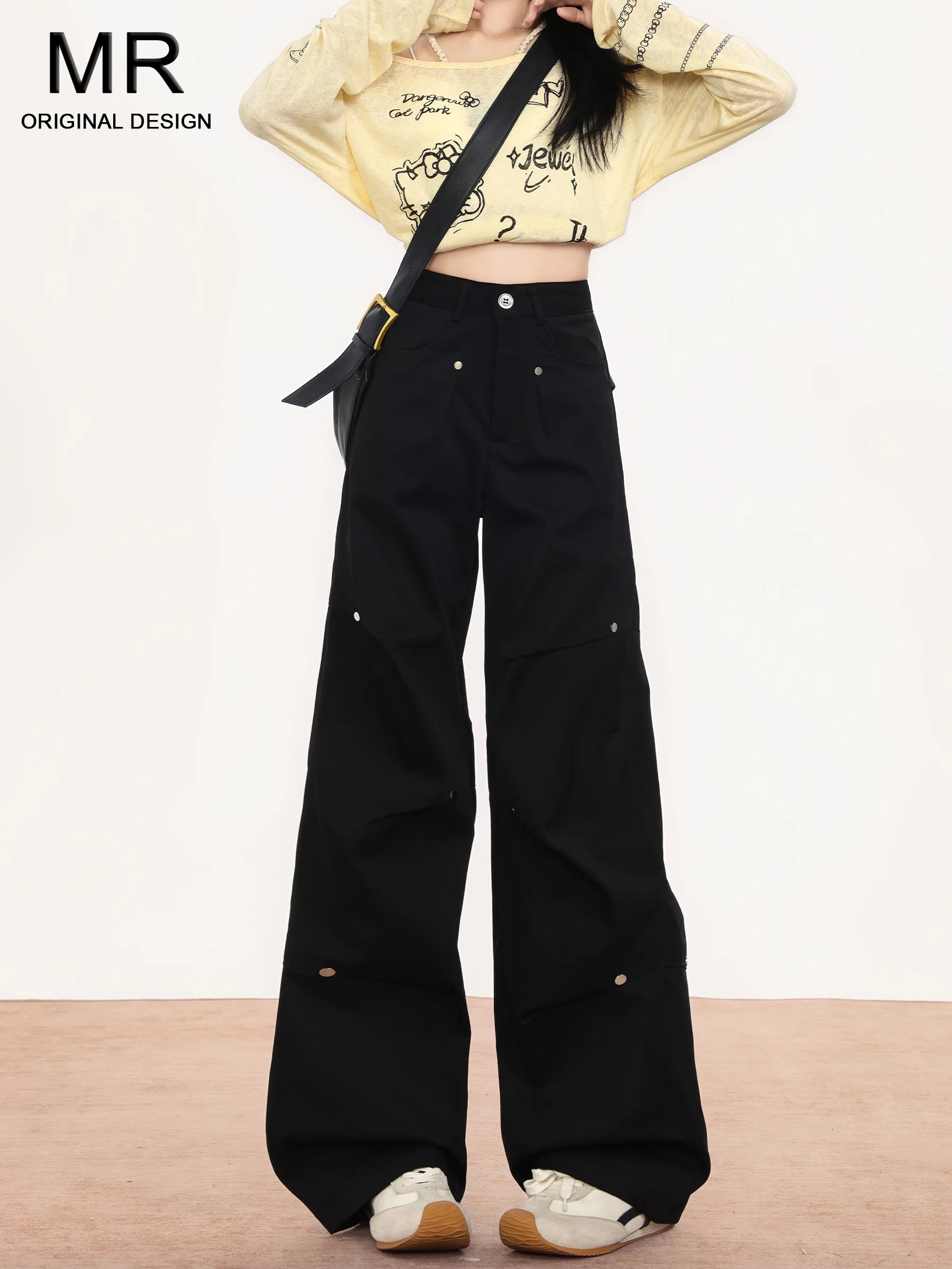 

High Waist Black Casual Pants Women's Autumn New Style American Folded Rivet Wide Leg Floor-Length Workwear Trousers