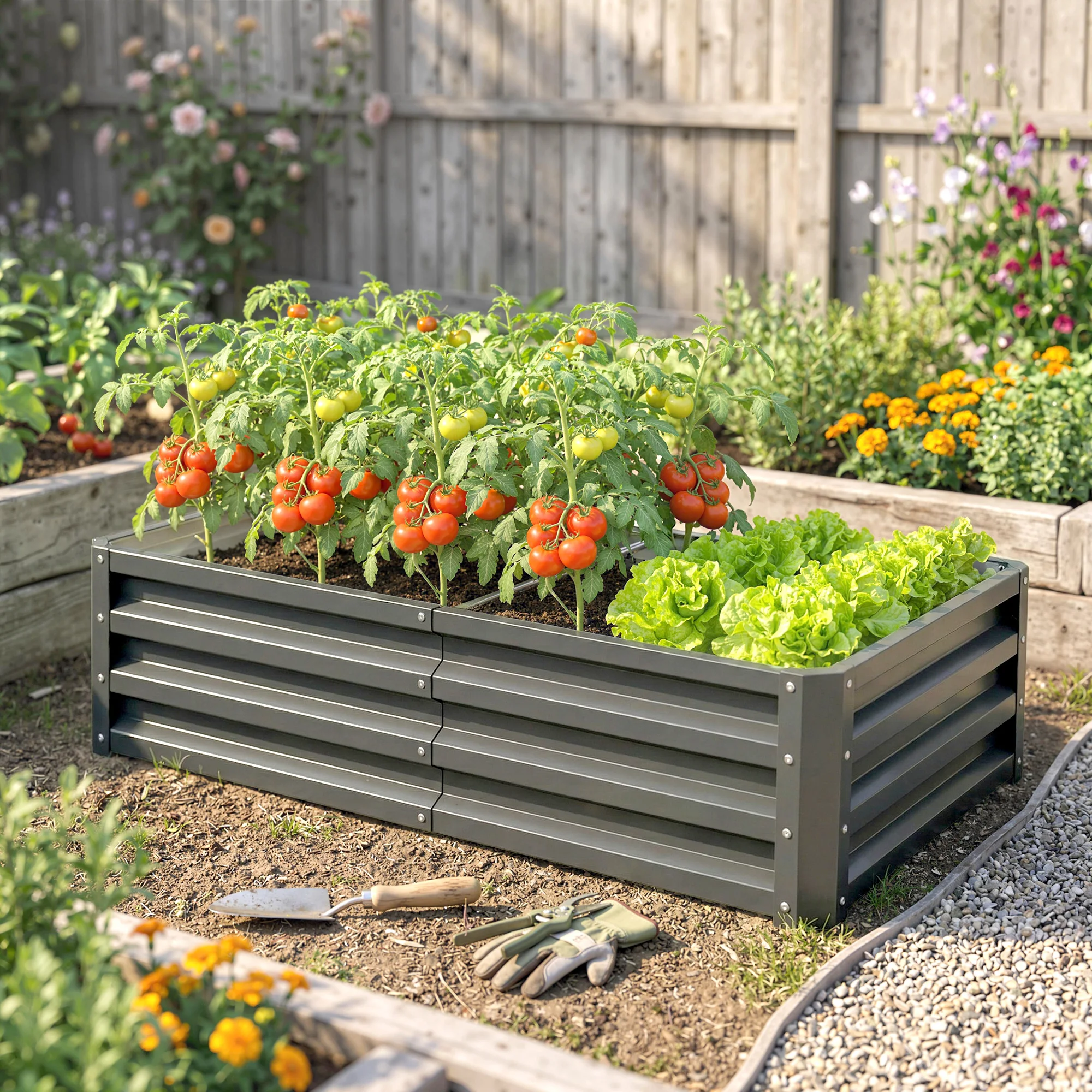 Raised Garden Bed Steel Planter Growing Box for Vegetables Flowers Light Grey