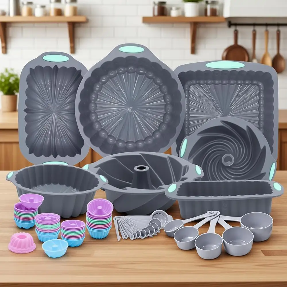 

Набор силиконовых форм для выпечки из 72 предметов, антипригарные, легко извлекаемые, серые - включает формы для кексов, формы для хлеба, формы для выпечки, мерные инструменты