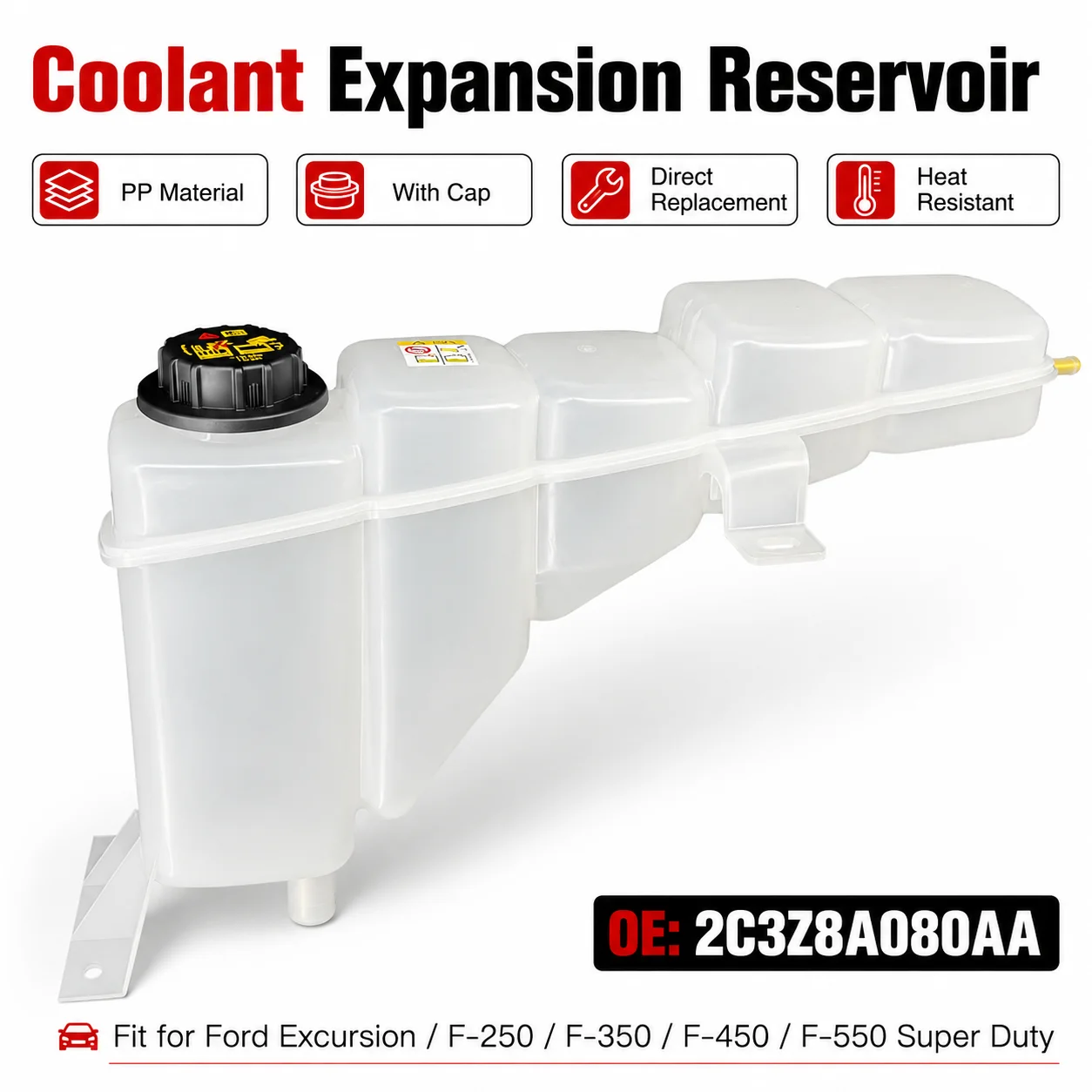PP Coolant Expansion Reservoir with Cap for Ford Excursion F250 F350 F450 F550 Super Duty 1999-2005 5.4L 6.8L 7.3L 2C3Z8A080AA
