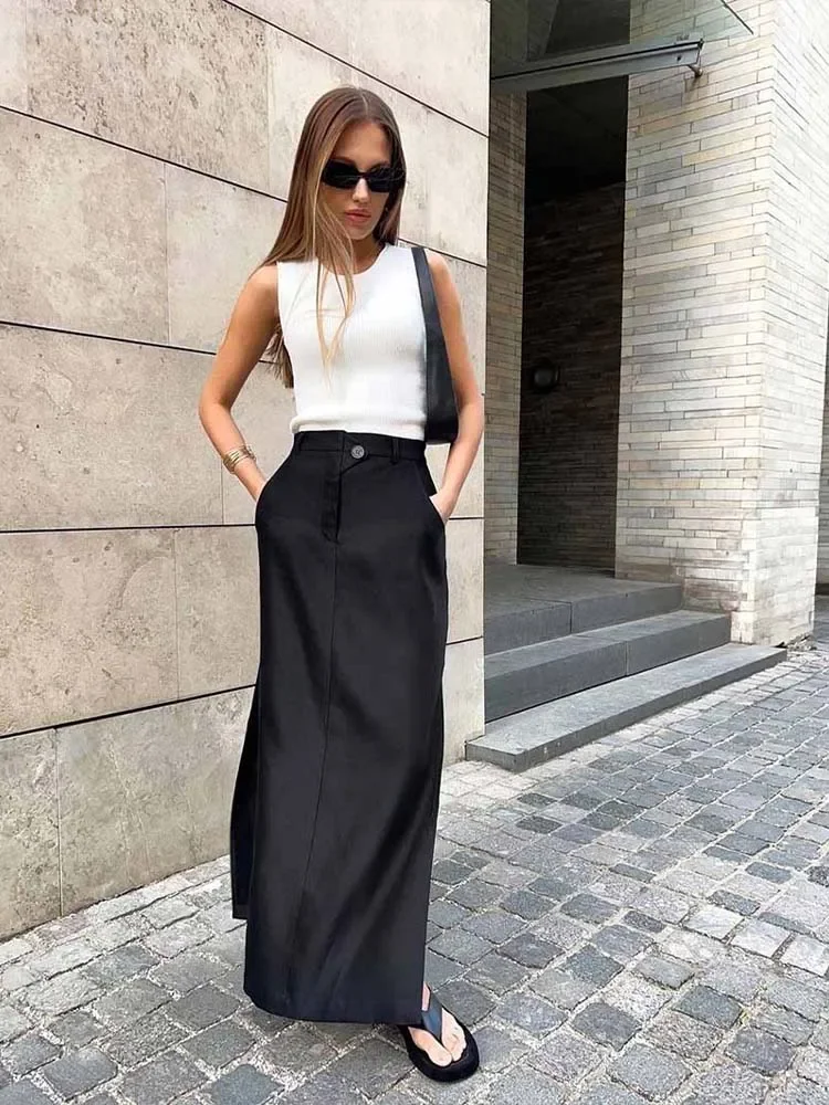 New Fashion Black Loose Long Skirts Women A-Line Zip Skirts Ladies Elegant Summer Skirts Female With Pocket Ankle-Length Skirts