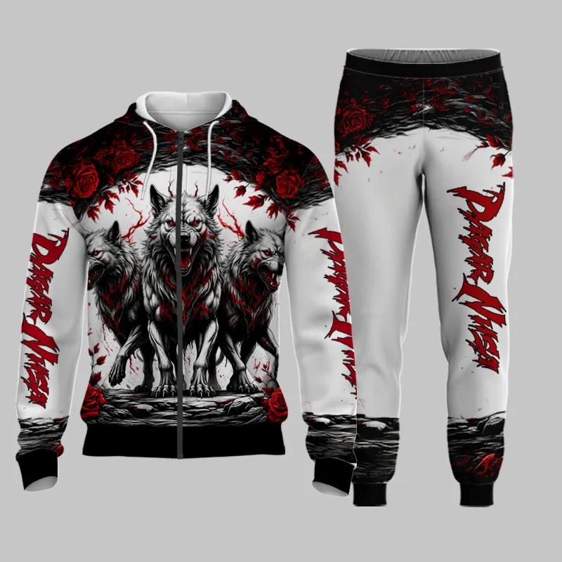 

Men's Zipper Hoodie Suit Wolf Pattern 3D Print Sportswear Pants Casual Street Long Sleeve Loose Autumn and Winter New Hot Sale