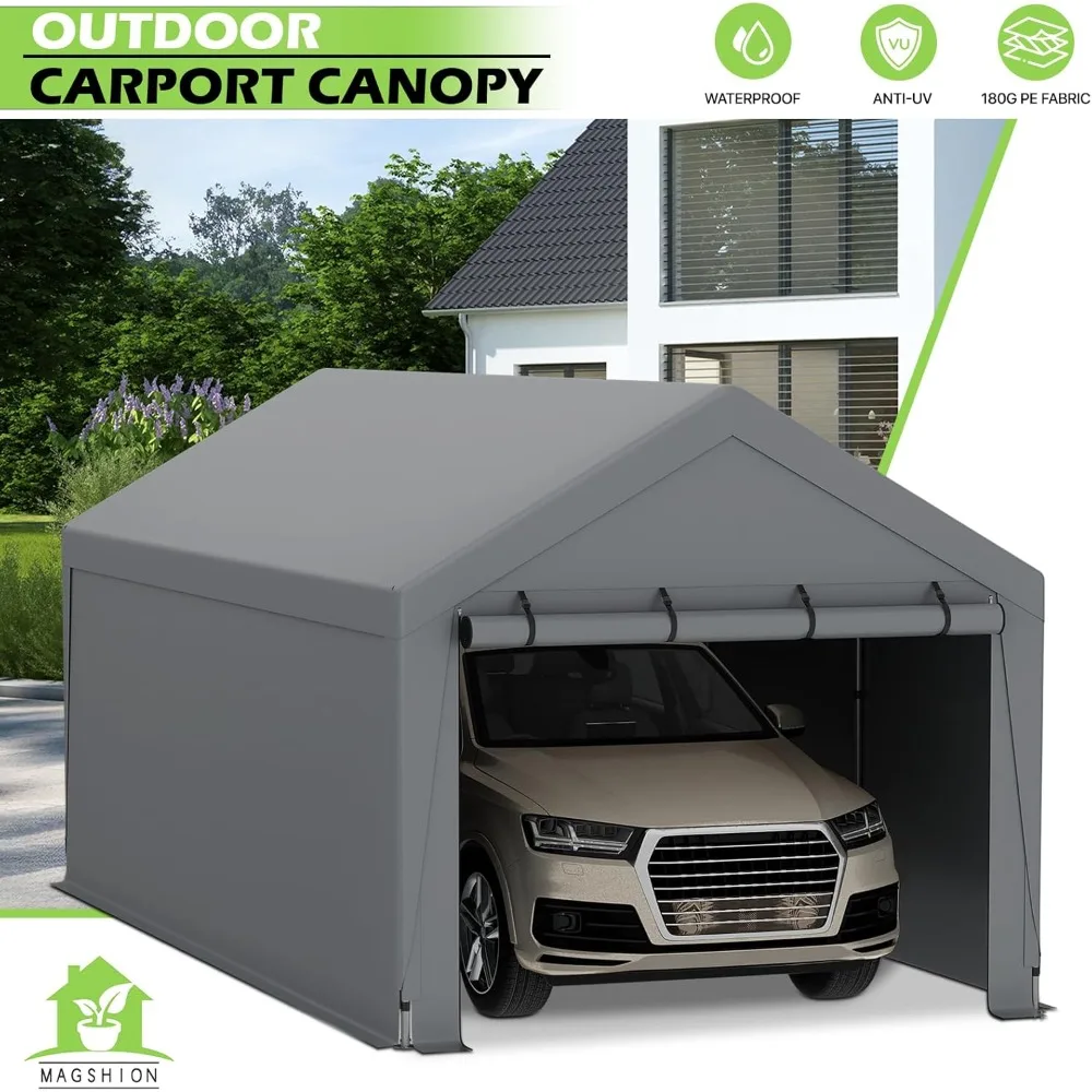 10'x20' Carport Heavy Duty Car Canopy Portable Garage with Roll Up Zipper Door, 180g PE Tarps, W/Side Tarps for Sandbag