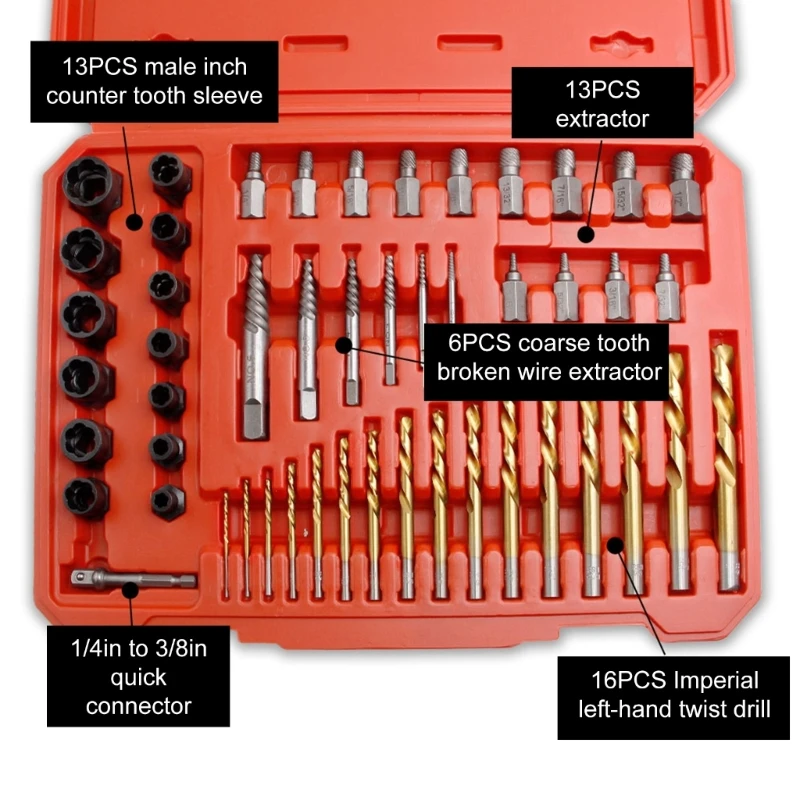 Comprehensive 49Piece Screw Extractor & Left Hand Drill Bit Set Suitable For Broken Rusted Damaged Nut & Extraction