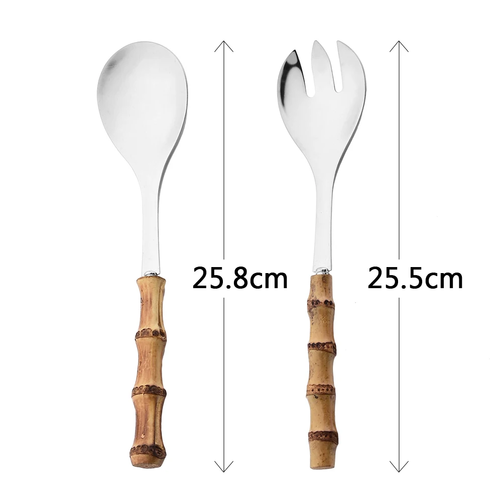 2/4Pcs Long Handle Serving Spork Bamboo Wooden Handle Salad Spoon Fork Stainless Steel Tableware Kitchen Cutlery Set