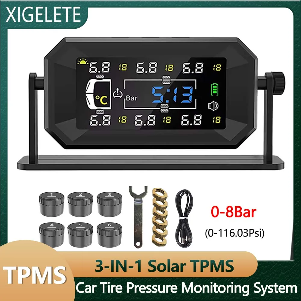 

8Bar Truck Car Tire Pressure Monitoring System TPMS Solar 6 Wheel Sensors Tyre Diagnostic Tools Alarm Monitor Autotruck Tester