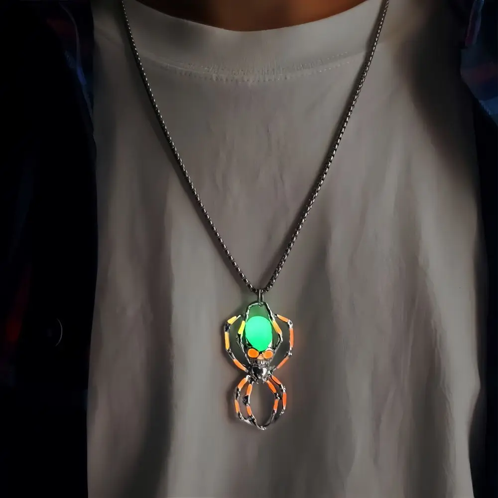 

Punk Stainless Steel Necklace for Men Hip-hop Style Spider Skull Pendant Halloween Night Light Accessory