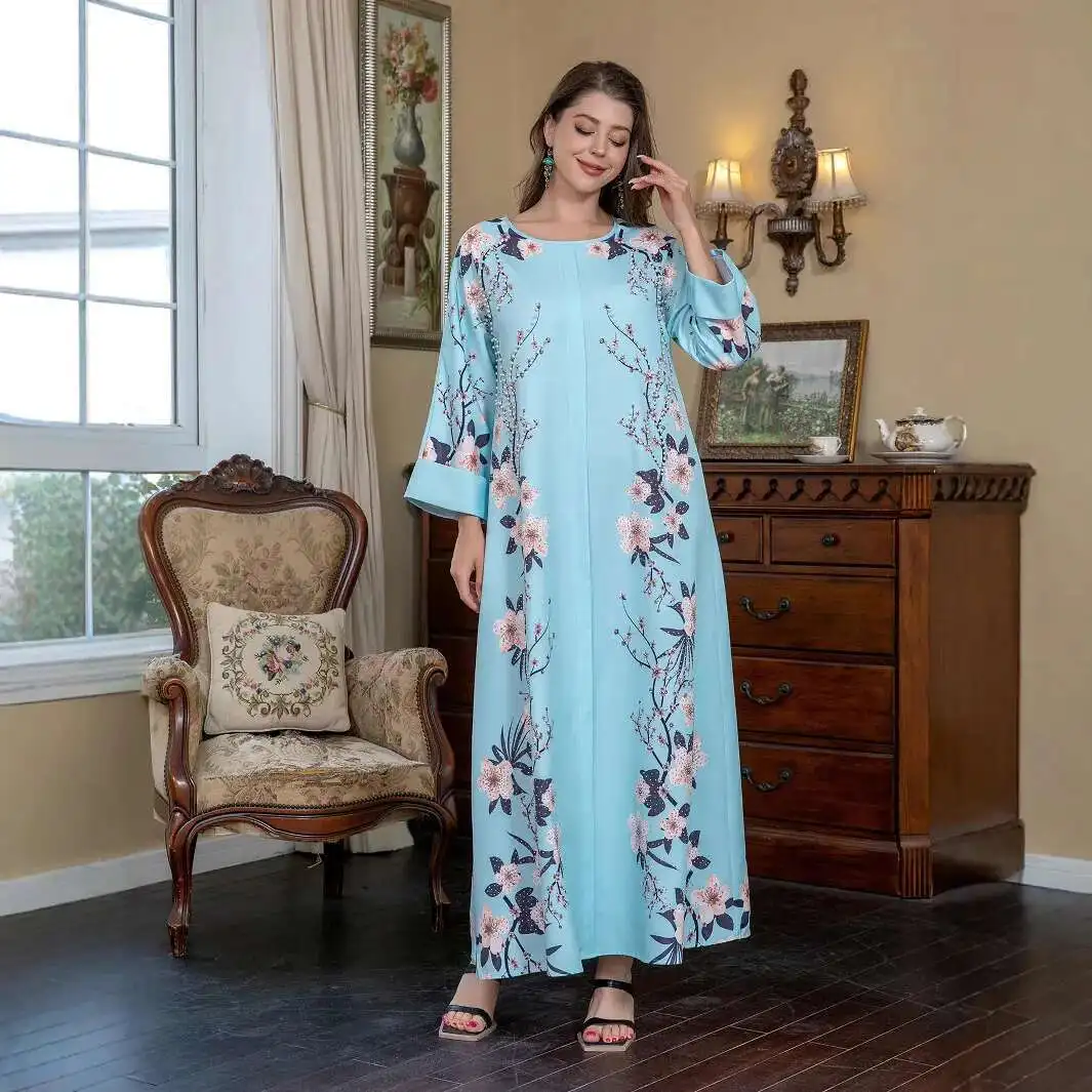 무슬림 라운드 넥 로브, 두바이 아바야 핫 다이아몬드 비드 프린트 원피스, SW0904