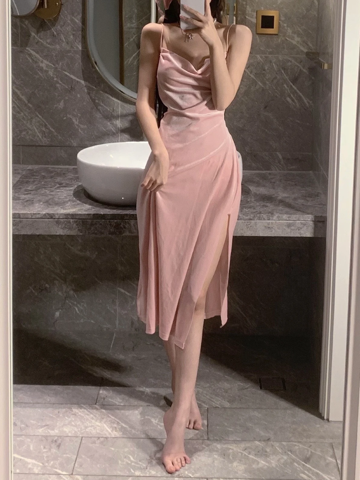 WOMENGAGA 2022 Summer Hot Sexy Bright Pink Maxi Dress Long Tank Camisole Robe Low Cut Hot Sexy Korean Women Robe Sweet O8EY