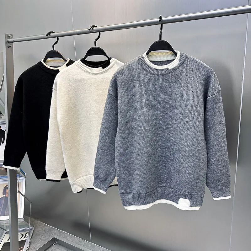 Men's fake two-piece sweater loose shoulder men's pullover sweater with round neckline