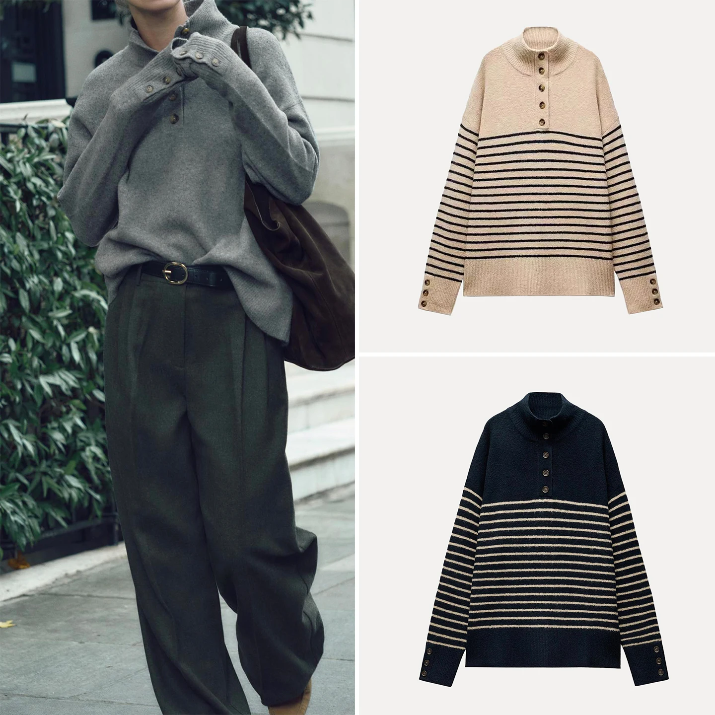 Z Women's Casual Long Sve Knitwear Faion Striped Stand Collar Leisure Knitted Top Autumn 2025 New Arrival