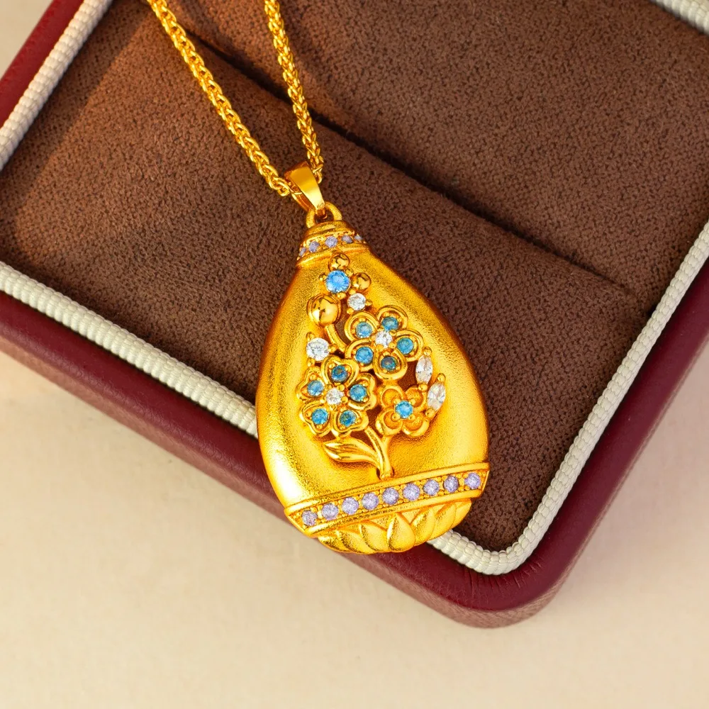 Diamond-set flower of life drop pendant for women goes with light luxury collarbone chain 9999gold