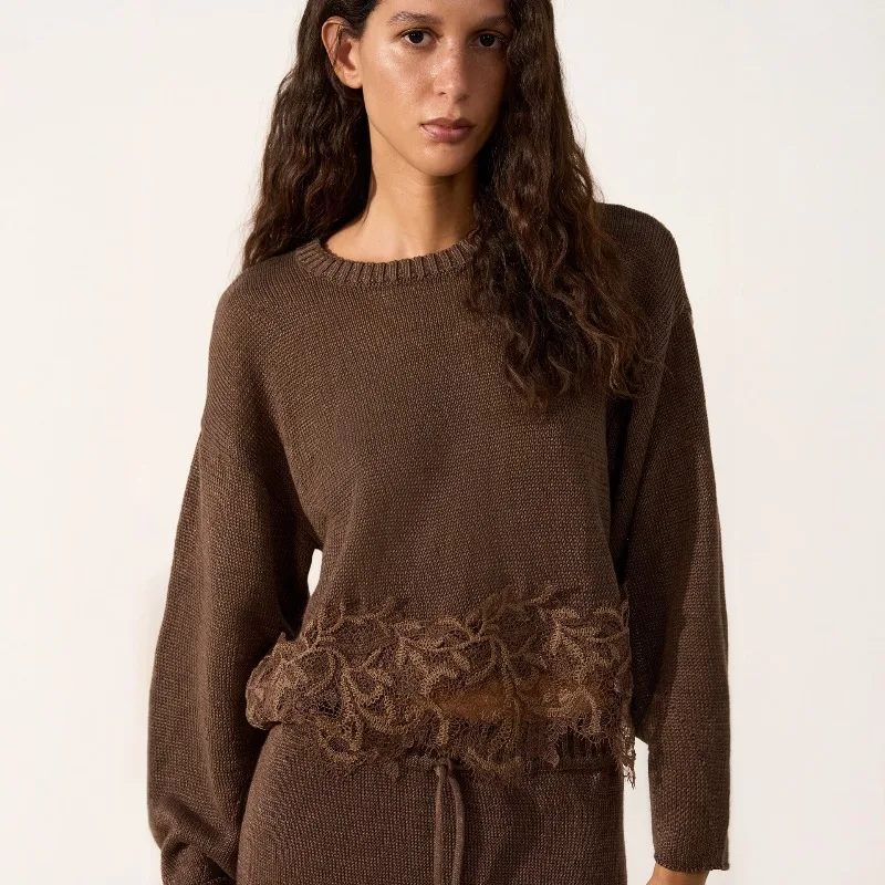 Lace Long-sleeved Round-neck Knitted Sweater for Women, Solid Color Round-neck Long-sleeved Short Sweater for Autumn and Winter.