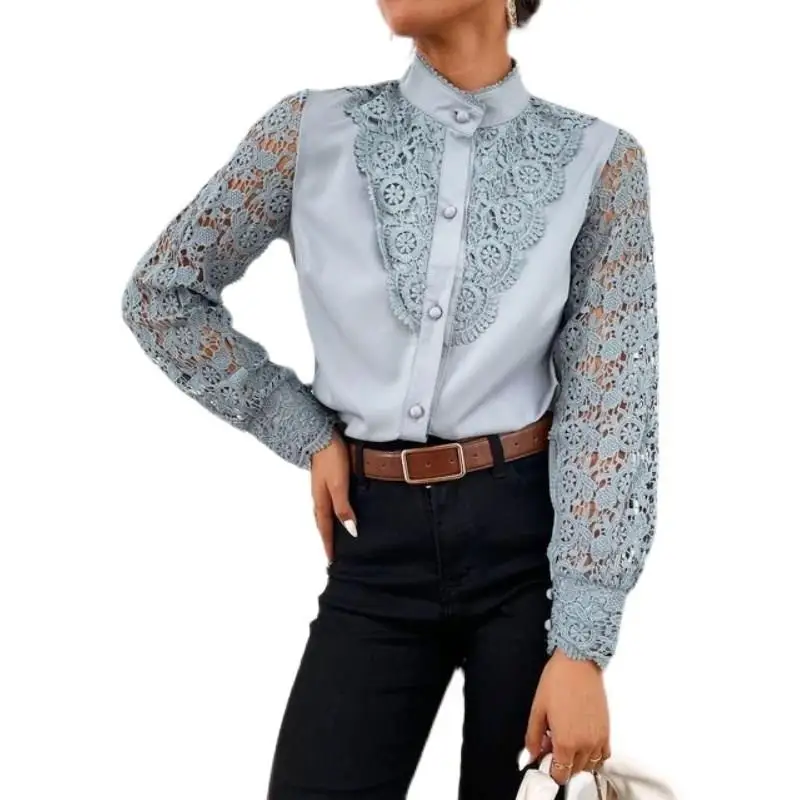 Faion Vne Women's Blouse Ladies irt Slim Fit Long Sve Lace Detail Commute Sle Pure Color Top for Young Women