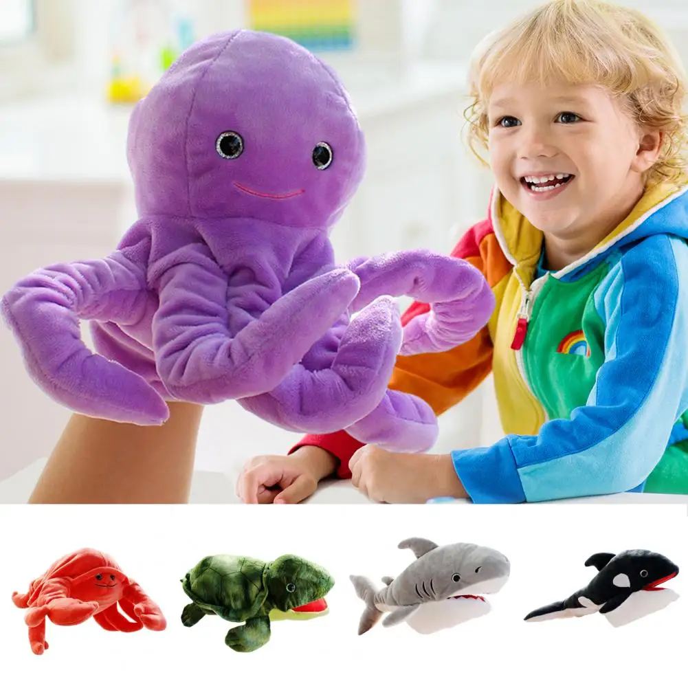 Plush Sea Animal Hand Puppet Movable Mouth Shark Whale Turtle Octopus Crab Hand Puppet Role Playing Pretend Play Doll Storytelli