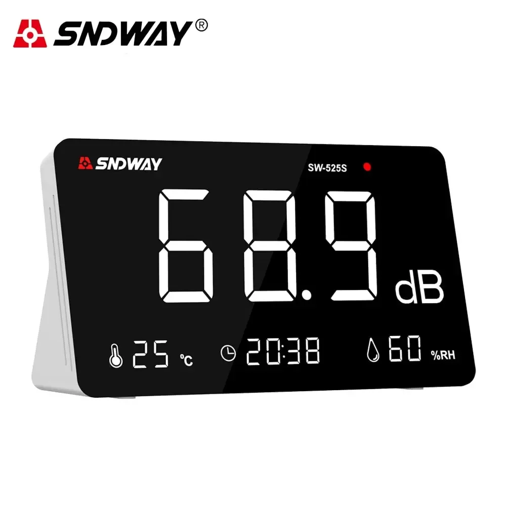 Sndway em Medidor de Decibéis Medidor de Nível de Som 30db a 130db Testador de Monitoramento de Ruído de Áudio com Medidor de Umidade de Temperatura Tempo