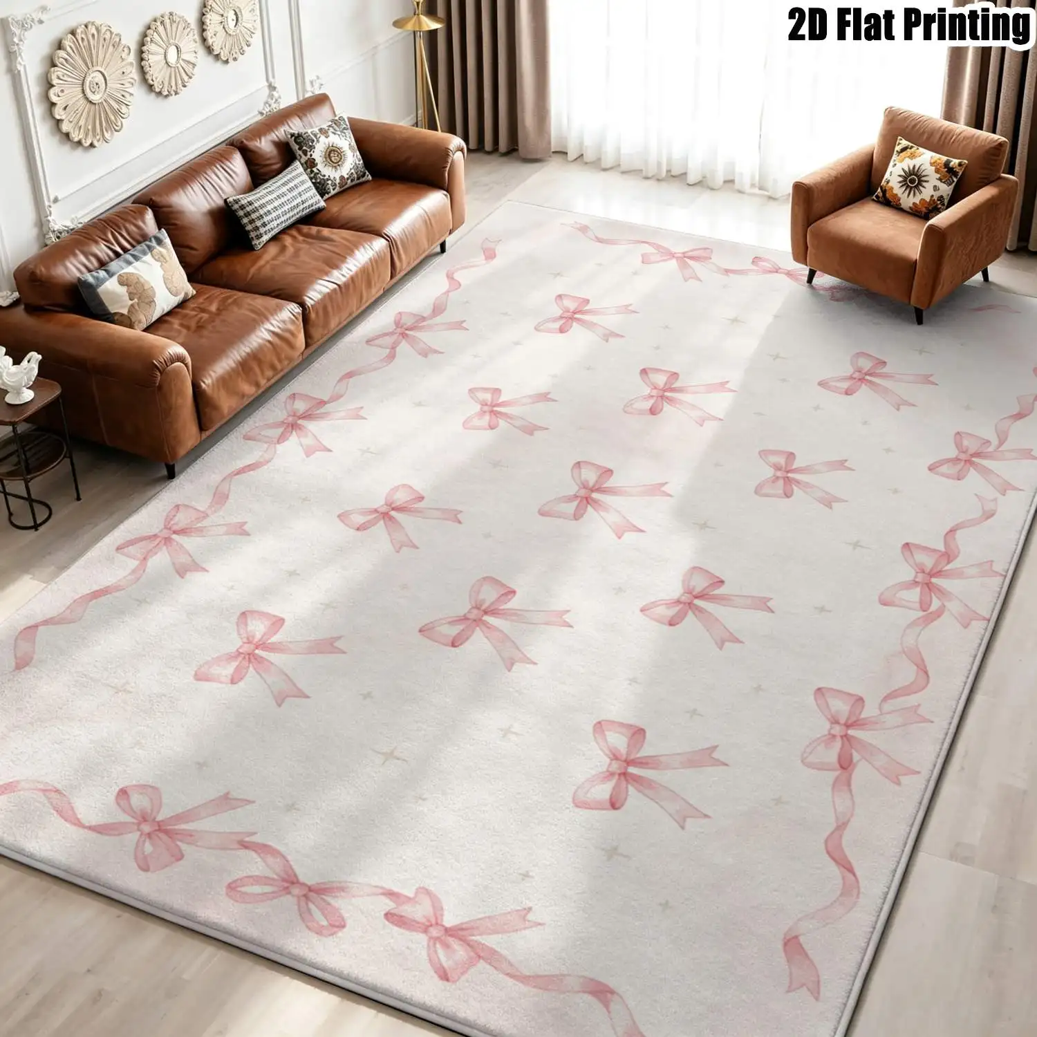 1Pc 2D Printed Carpet: Soft Satin Ribbon & Bow Pattern, Vintage/Instagram Style, Washable, Multi-Size, Ideal for Home Decor in Multiple Settings