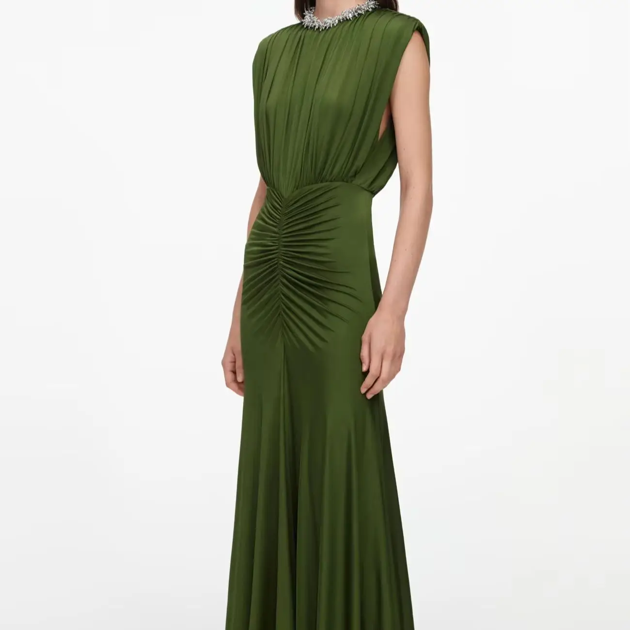 Damen Grünes Maxikleid Rückenfreies O-Ausschnitt Ärmellos Plissiert Hohe Taille Elegantes Damenkleid