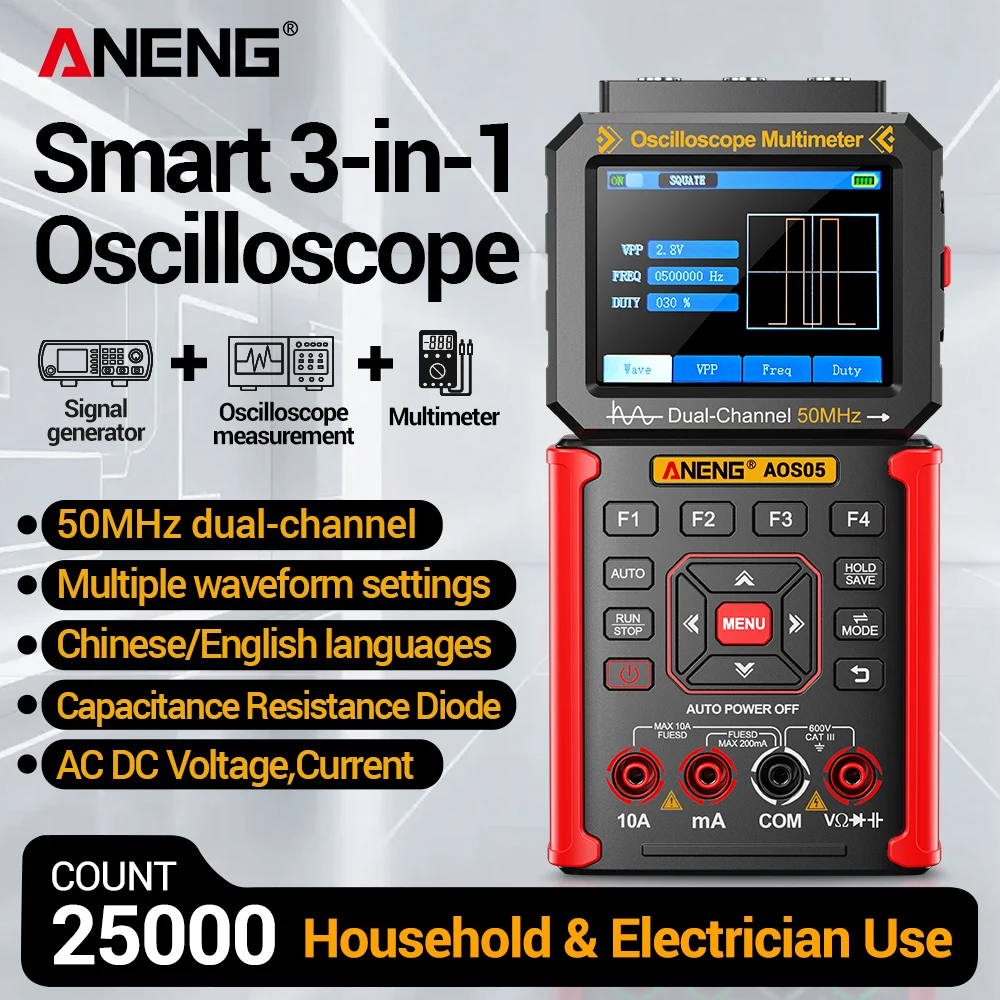 

3 IN 1 Digital Oscilloscope Multimeter ANENG AOS05 Handheld 50MHz 200MSa/s Dual Channel 25000Count Smart Digital Detector Tester