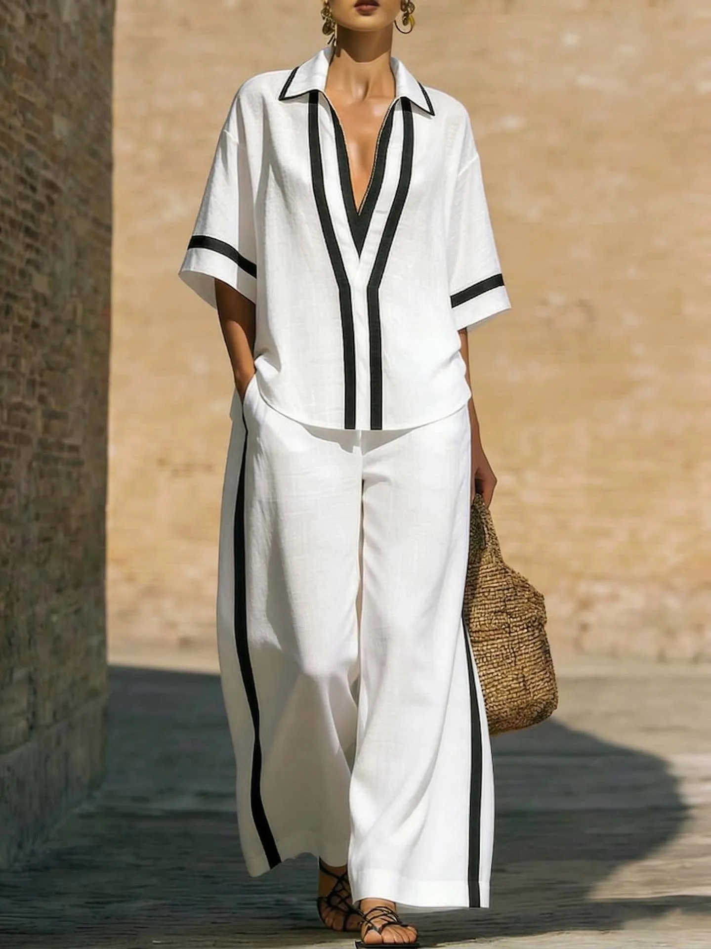 Women Fashion Loose Casual Shirt High Waist Wide Leg Pants Two Piece Set 2026 Clearance Sales For Woman Clothing Conjuntos Mujer