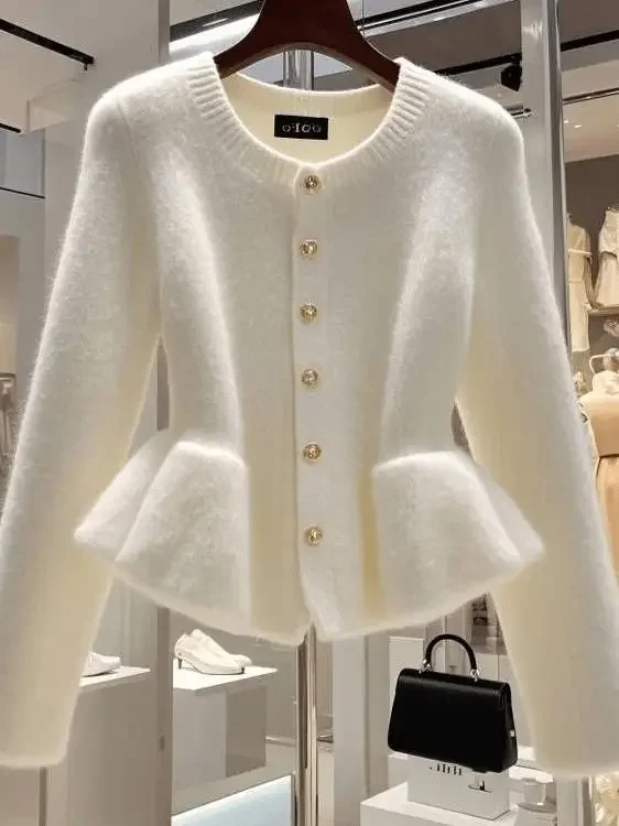 Korean Fashion High end White Cardigan Sweater Women Clothing Autumn/Winter New Unique Super Beautiful Knitted Coat Women Top