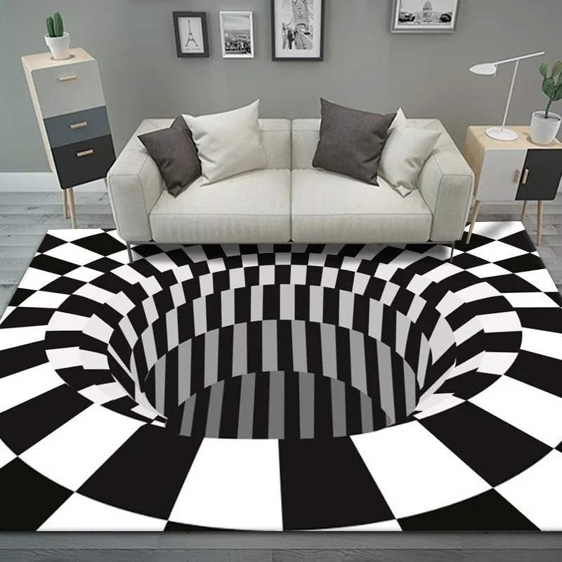 Alfombra redonda de visión 3d, Cojín cuadrado para mesa de centro de sala de estar, dormitorio, blanco y negro, cojín tridimensional para mesa y