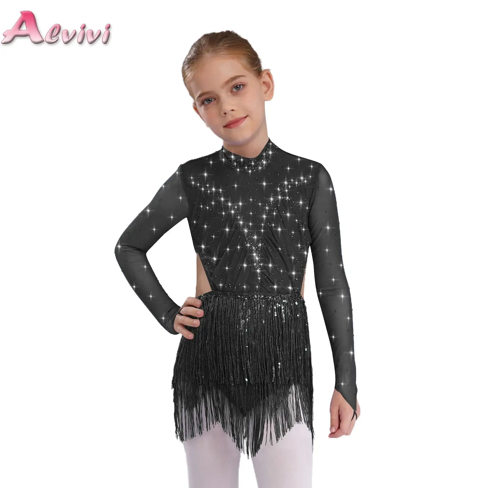 

Kids Girls Latin Dance Sequins Tassels Leotard Dress Long Sleeve Backless Rhinestones Bodysuit for Stage Performance Competition