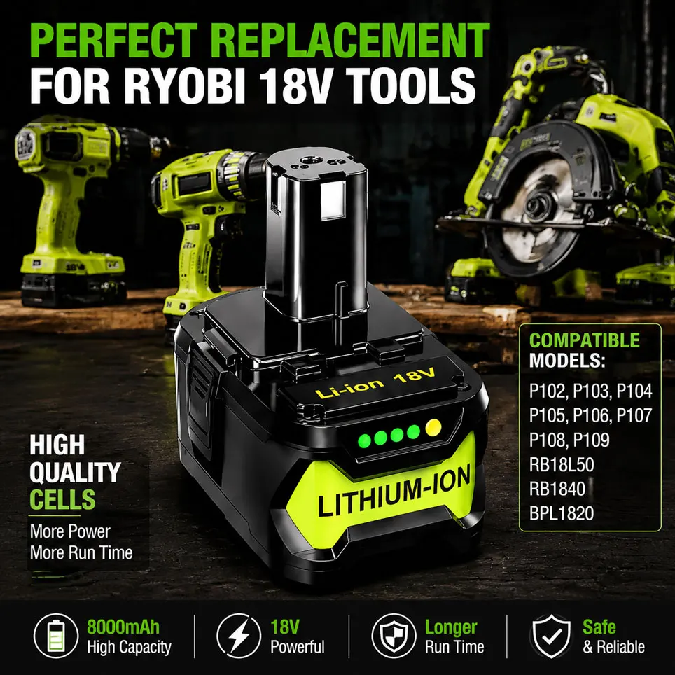 Batterie rechargeable Li-Ion 8000mAh pour Ryobi 18V, Ryobi Hot P108 RB18L40, pack de batteries pour outils électriques Ryobi ONE