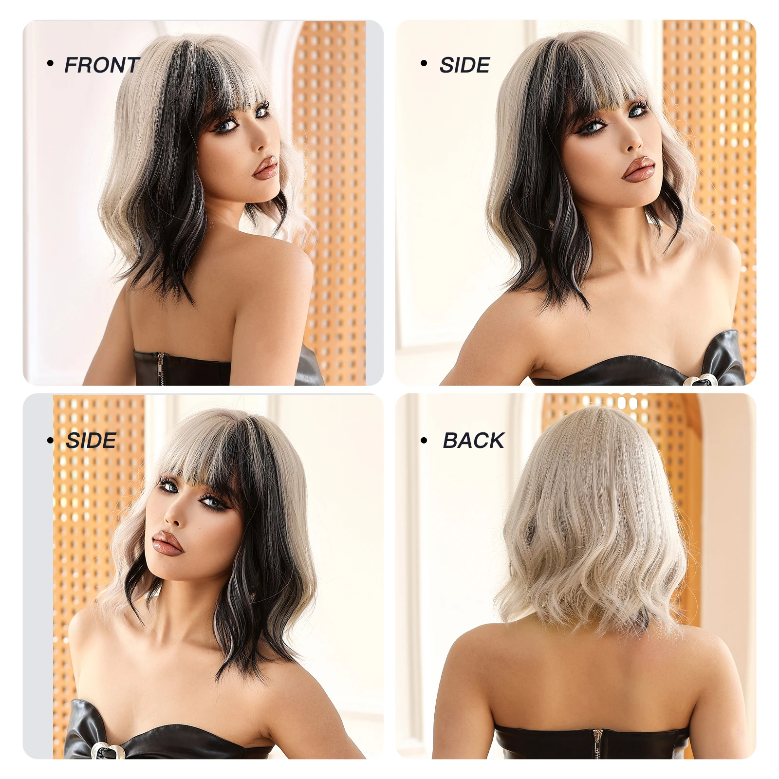 Wig sintetik berombak pendek untuk wanita, rambut palsu Natural Platinum dan hitam dua warna untuk pesta Cosplay tahan panas