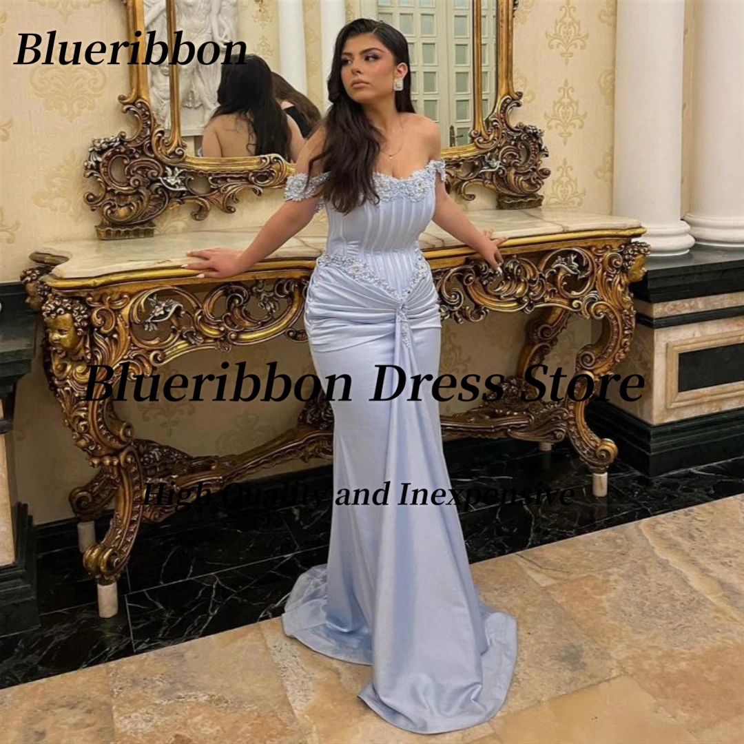 

Blueribbon Women Prom Dresses Off Shoulder Beaded Long Ruched Mermaid Party Evening Gowns Sexy Backless Vestidos De Fiesta