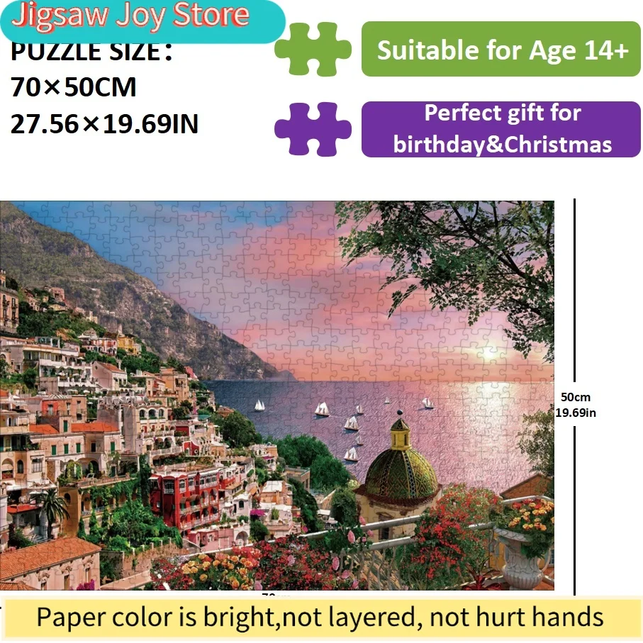 Puzzle dla dorosłych - Wybrzeże Amalfi, Włochy, malowniczy port nad rzeką, zachód słońca, sztuka, żywe kolory, 70x50cm (27,56x19,69 cala), wyzwanie