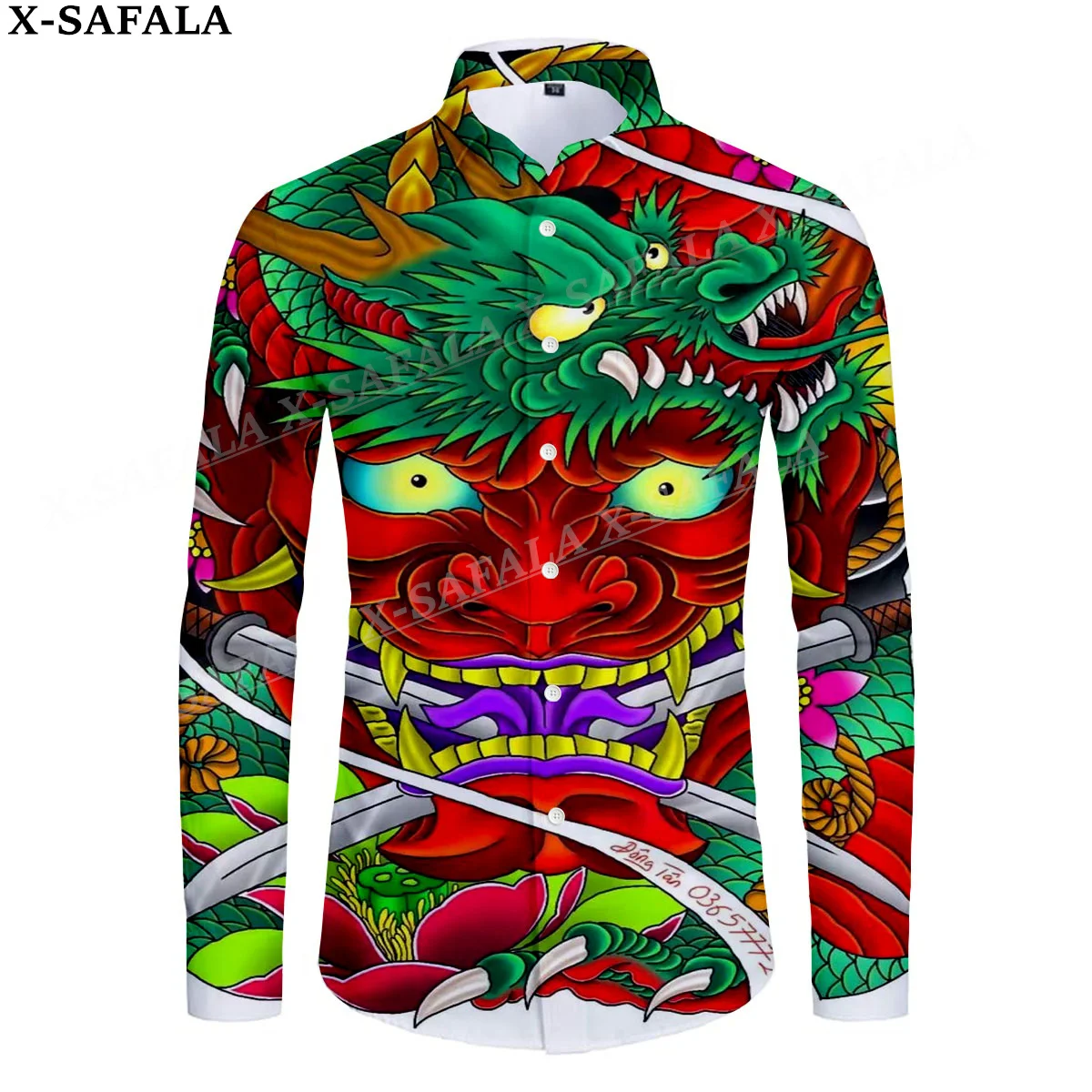 Japanese Samurai Oni Mask Tattoo 3D Print Men's Luxury Shirt Turn-down Collar Buttoned Up Long Sleeve Tops Hip Hop Tee-14