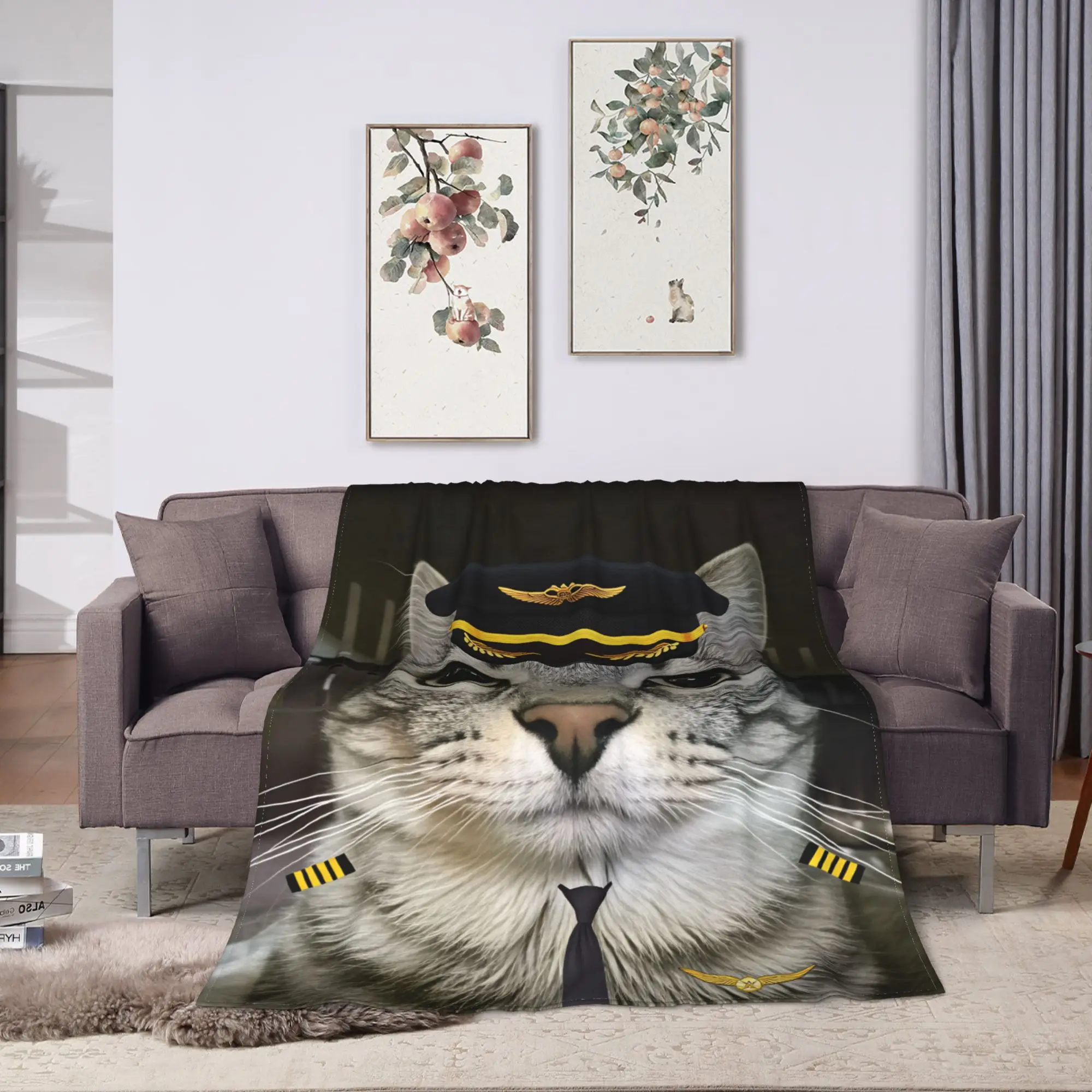 Funny Airline Captain Cat Soft Blanket For Sofa Home  Aesthetic Throw Blanket Winter Camping Flannel Bedspread