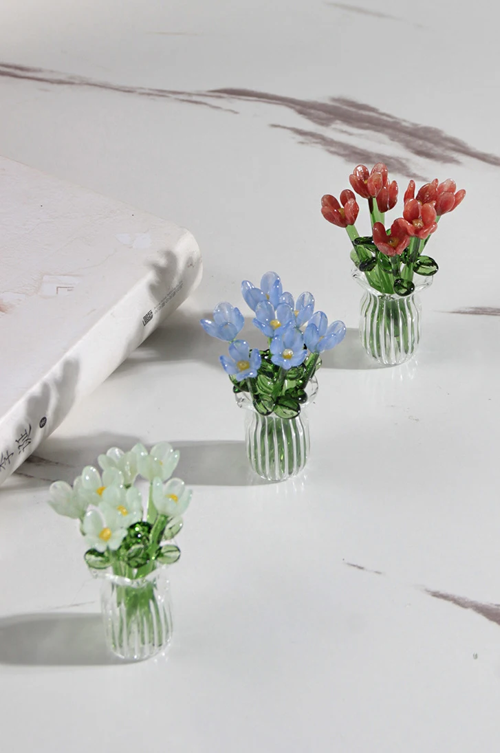 Handgefertigte Glas-Blumen, Glas-Simulationsstrauß, Frisches Blumenarrangement, Desktop-Dekoration mit Ewigen Blumen – Detail 3